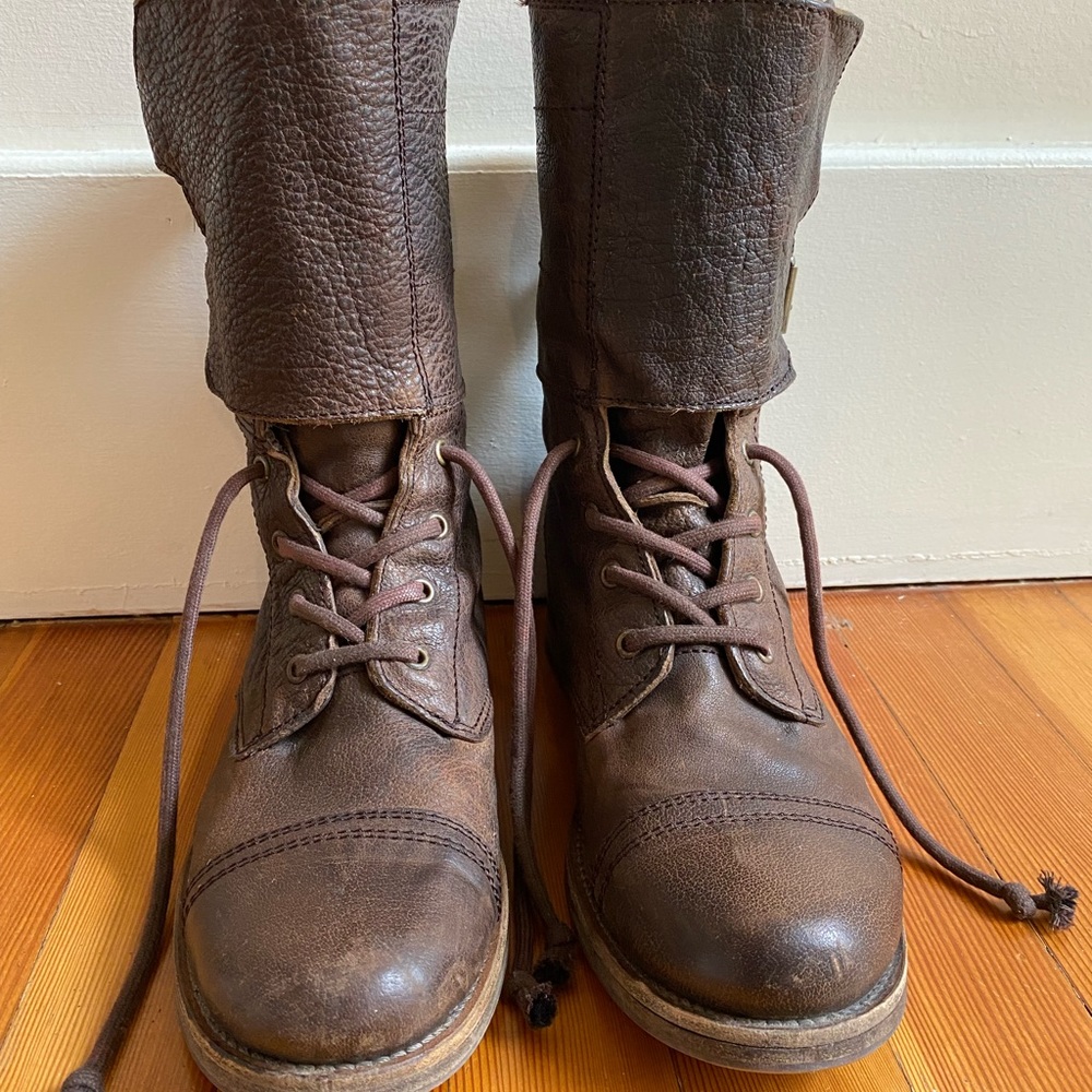 All Saints distressed brown leather boots